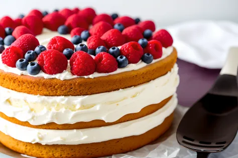 Close-up of the cake，It is topped with berries and cream, close up food photography, high quality food photography, whipped crea...