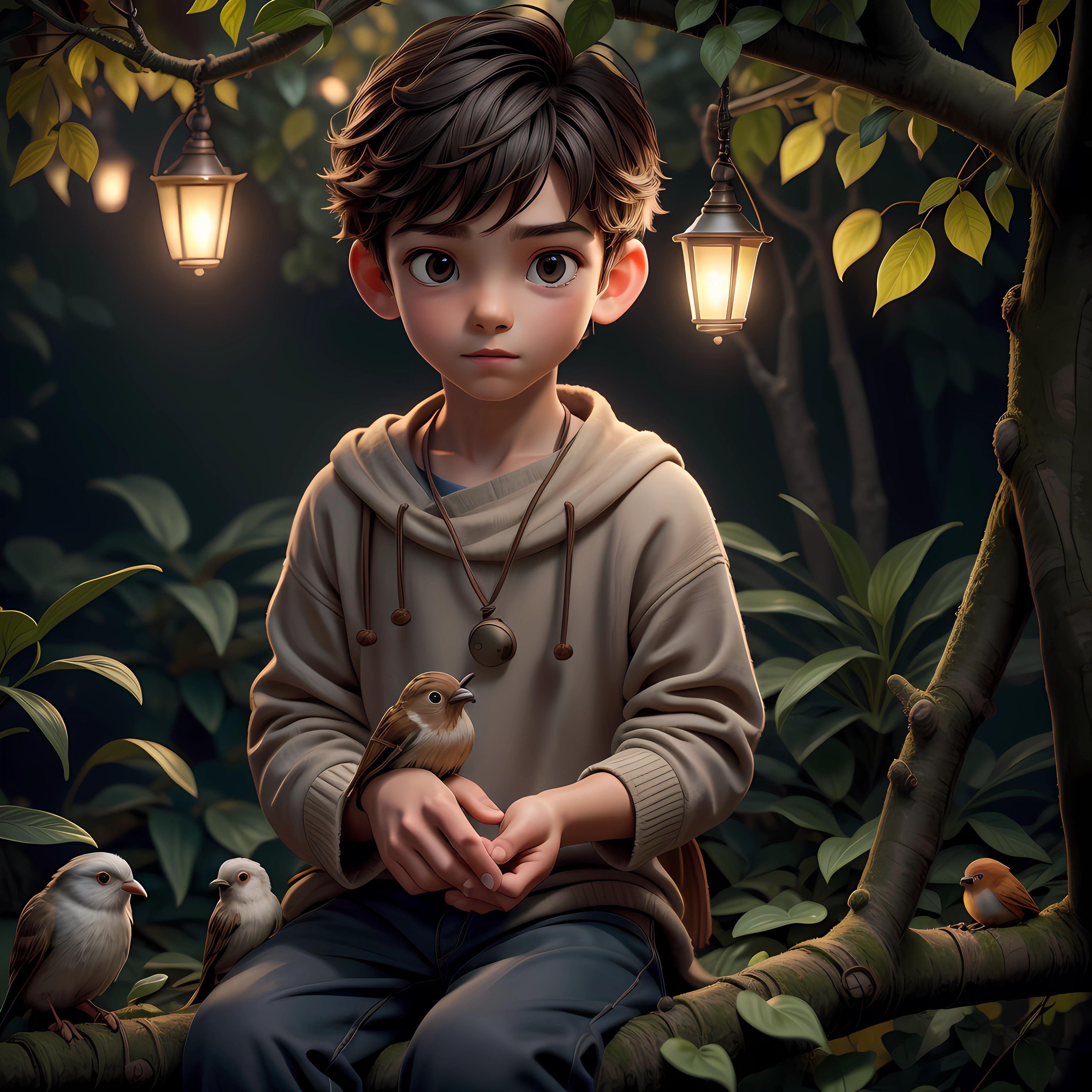 boy siting under the tree, petting a little birds, love animals, , relaxing, old lamps hanging on three, small animals around the boy, small birds, small animals, old lamps, white cloudy sky, high detailed hands, 8k, RAW photo, best quality, masterpiece, high detail RAW color photo, dramatic lighting, cinematic lighting, back light, professional lighting, detailed face, full body,