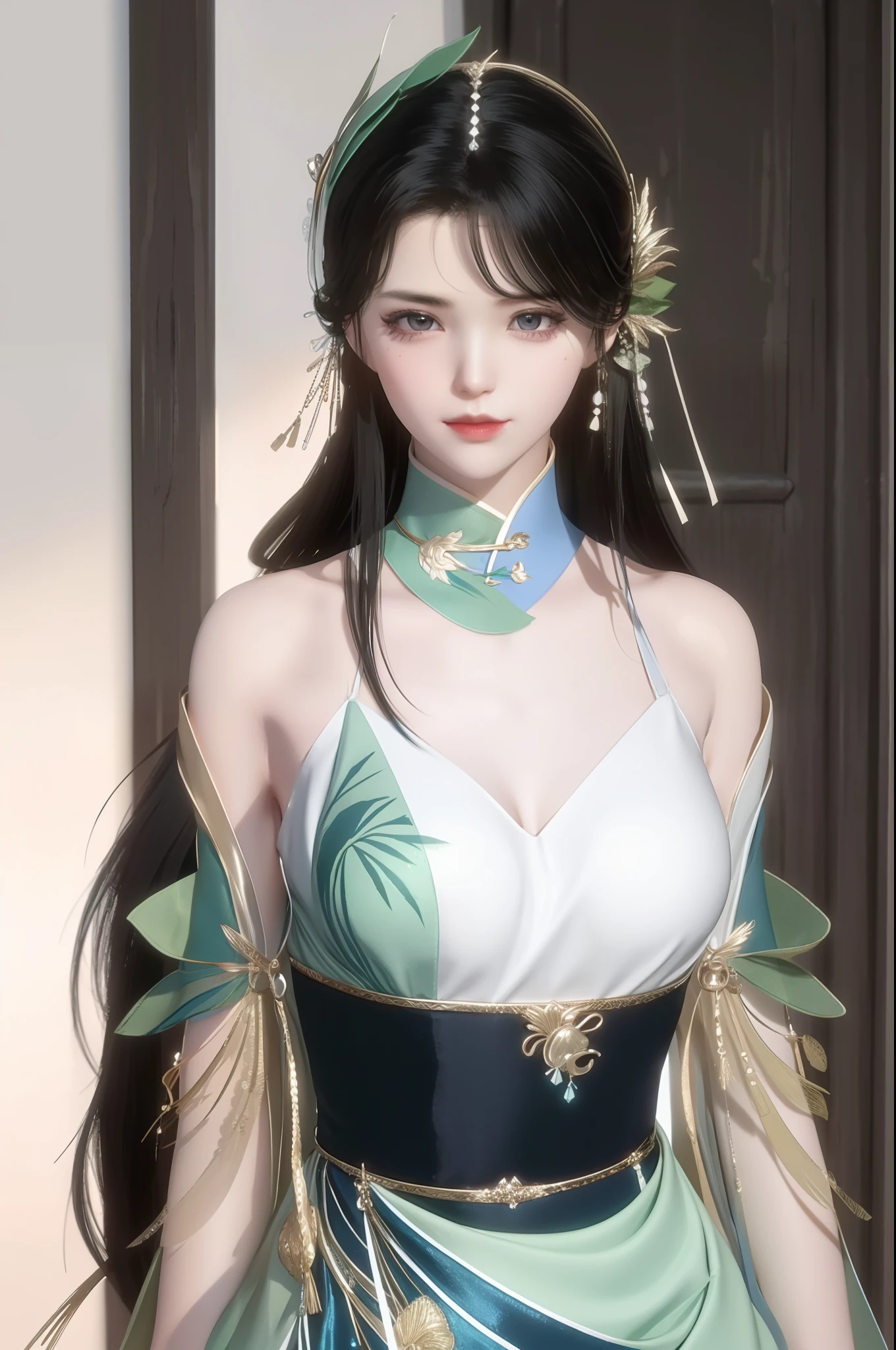 （best qualtiy，tmasterpiece：1.2），超高分辨率，realisticlying，Front lighting，Complicated details，Exquisitedetailsandtextures，（1girll），独奏，The upper part of the body，Green Hanfu，bamboo leaves pattern，Nice big eyes，Green dress，Bamboo leaf decoration，beauitful face，facing to audience，Streamers，gossamer，（年轻），Facial highlights，Detal Face，tear-mole，white skinned，Silvery hair，High ponytail，looking at viewert，largeeyes，（Openwork pattern），耳Nipple Ring，slimfigure，white backgrounid，correct hand，profesional lighting，photon maping，Radio City，physically-based renderingt