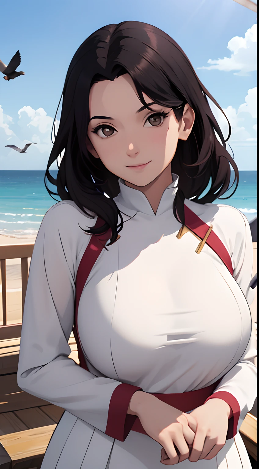 （tmasterpiece：1.3），Black color hair，（little breast），white  clothes，ssmile，slightly fat big breasts，Be red in the face，best qualtiy，The is very detailed，Get close to the lens，Delicate and beautiful face，sea beach，rays of sunshine，baiyun，Flying birds