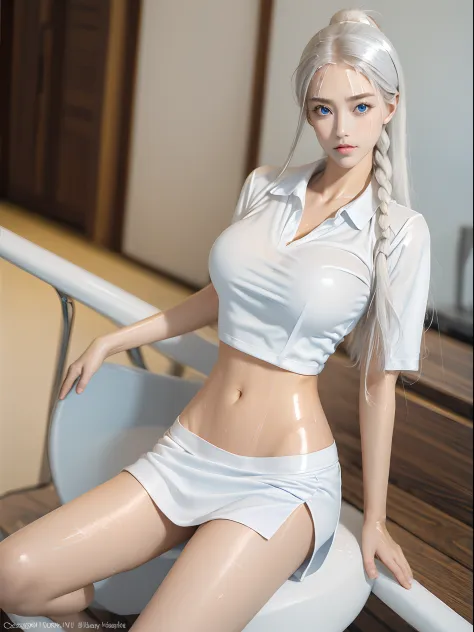absurd, masterpiece, best quality, realistic, hyper-detailed, (shiny skin, sweaty:1.4), slender, looking at viewer, 1girl, solo, tennis wear, white polo shirt, white sneakers, white miniskirt, long hair, silver hair, blue eyes, (thick thighs:0.5), dynamic ...