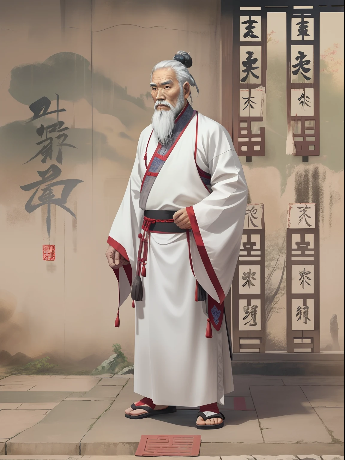 Chinese Ancient Times, An old man, Asian people，gray hair and beard, Black eyes，Thin body, Weakness of the body，standing on your feet, The background is a prison，Look at the camera with determined eyes, dressed white hanfu, There is no pattern，China-style, first person perspective, Masterpiece, ccurate, Anatomically correct, Super detail