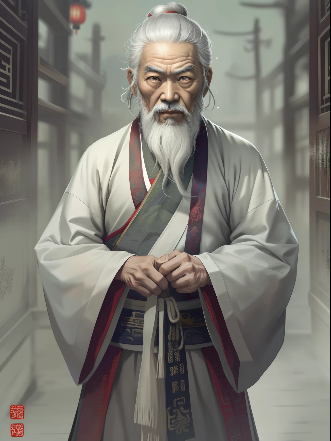 Chinese Ancient Times, An old man, Asian people，gray hair and beard, Black eyes，Thin body, Weakness of the body，standing on your feet, The background is a prison，Look at the camera with determined eyes, dressed white hanfu, There is no pattern，China-style, first person perspective, Masterpiece, ccurate, Anatomically correct, Super detail
