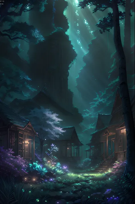 vn_bg, no humans, A mystical forest filled with bioluminescent plants and creatures, casting an ethereal glow in the night, aest...