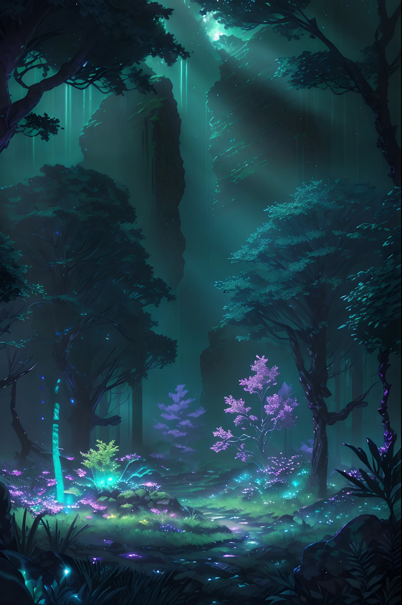 vn_bg, no humans, A mystical forest filled with bioluminescent plants and creatures, casting an ethereal glow in the night, aesthetic serene bliss, diffused light, god rays, chromatic aberration, caustics, Detailed, Extremely Detailed, Ambient Soft Lighting, 4K,Blurry, Blurry Background, Depth of Field, Bokeh, DOF, Fog, Bloom Outdoors, (Nature, fantasy Desert:1.2), (Rocks:1.2),