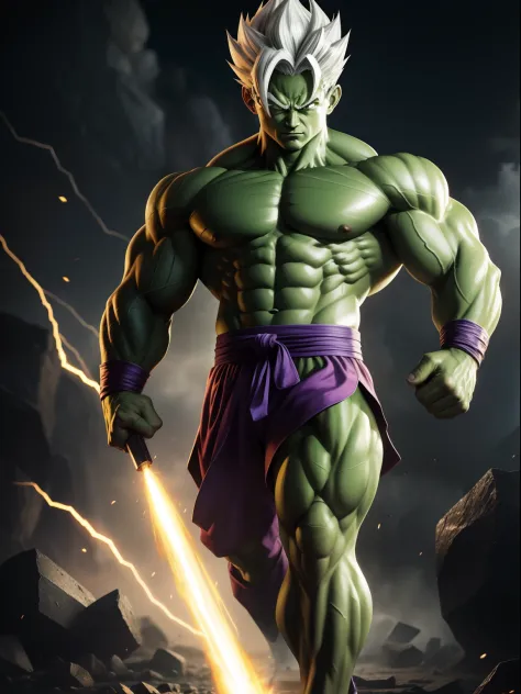 A gohan as a hulk, silver hair, cinematic, extreem realistic, extreem detailed, extreem Sharp, full body shot