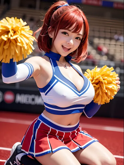 (​masterpiece、top-quality:1.2)、cowboy  shot、独奏、1girll、Sayaka Amamiya、cheerleaders、A smile、open open mouth、looking at the viewers、pompoms\(cheer leading)、skirt by the、Midriff、cleavage of the breast、stadio。Kneeling。short-hair。red hairs。