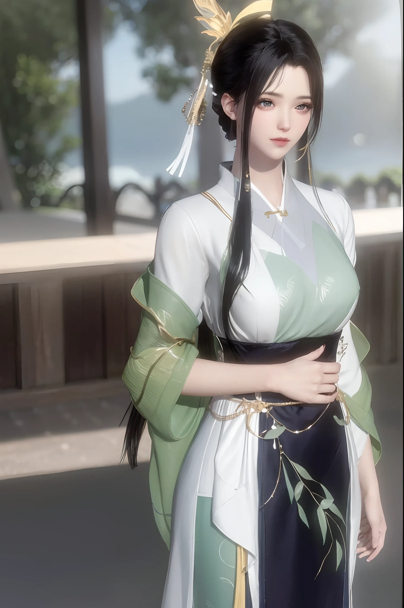 （best qualtiy，tmasterpiece：1.2），超高分辨率，realisticlying，Front lighting，Complicated details，Exquisitedetailsandtextures，（1girll），独奏，The upper part of the body，Green Hanfu，bamboo leaves pattern，Nice big eyes，Green dress，Bamboo leaf decoration，beauitful face，facing to audience，Streamers，gossamer，（年轻），Facial highlights，Detal Face，tear-mole，white skinned，Silvery hair，High ponytail，looking at viewert，largeeyes，（Openwork pattern），耳Nipple Ring，slimfigure，white backgrounid，correct hand，profesional lighting，photon maping，Radio City，physically-based renderingt