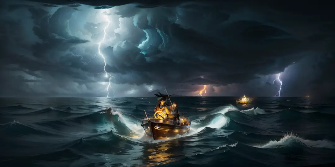 scene: sea storm, The sea is rolling, Lightning and lightning
Body: The boat is bumpy, Young person(Ma Ji)paddle
background: Huge whirlpools devour everything
detail: A yellow glow shines through the black hole