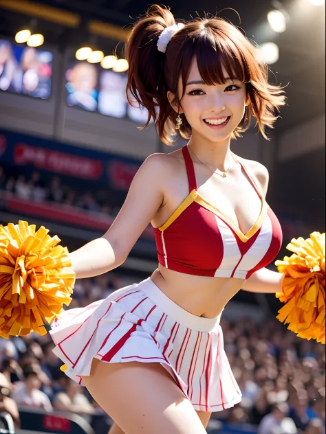 (​masterpiece、top-quality:1.2)、cowboy  shot、独奏、1girll、Sayaka Amamiya、cheerleaders、A smile、open open mouth、looking at the viewers、pompoms\(cheer leading)、skirt by the、Midriff、cleavage of the breast、stadio。raise her legs。short-hair。red hairs。raise one leg。