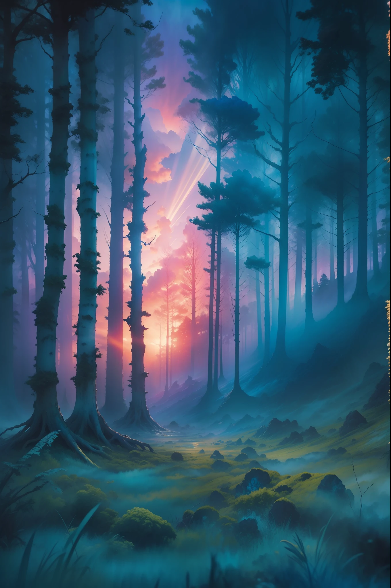 coucher de soleil bleu, Dieu rayons ,forêt,couleurs très détaillées, aquarelle, peinture abstraite de Beksinski, un rôle d&#39;Adrian Ghenie et Gerhard Richter, chef-d&#39;œuvre,8k haute résolution, Ultra rendu cinématique