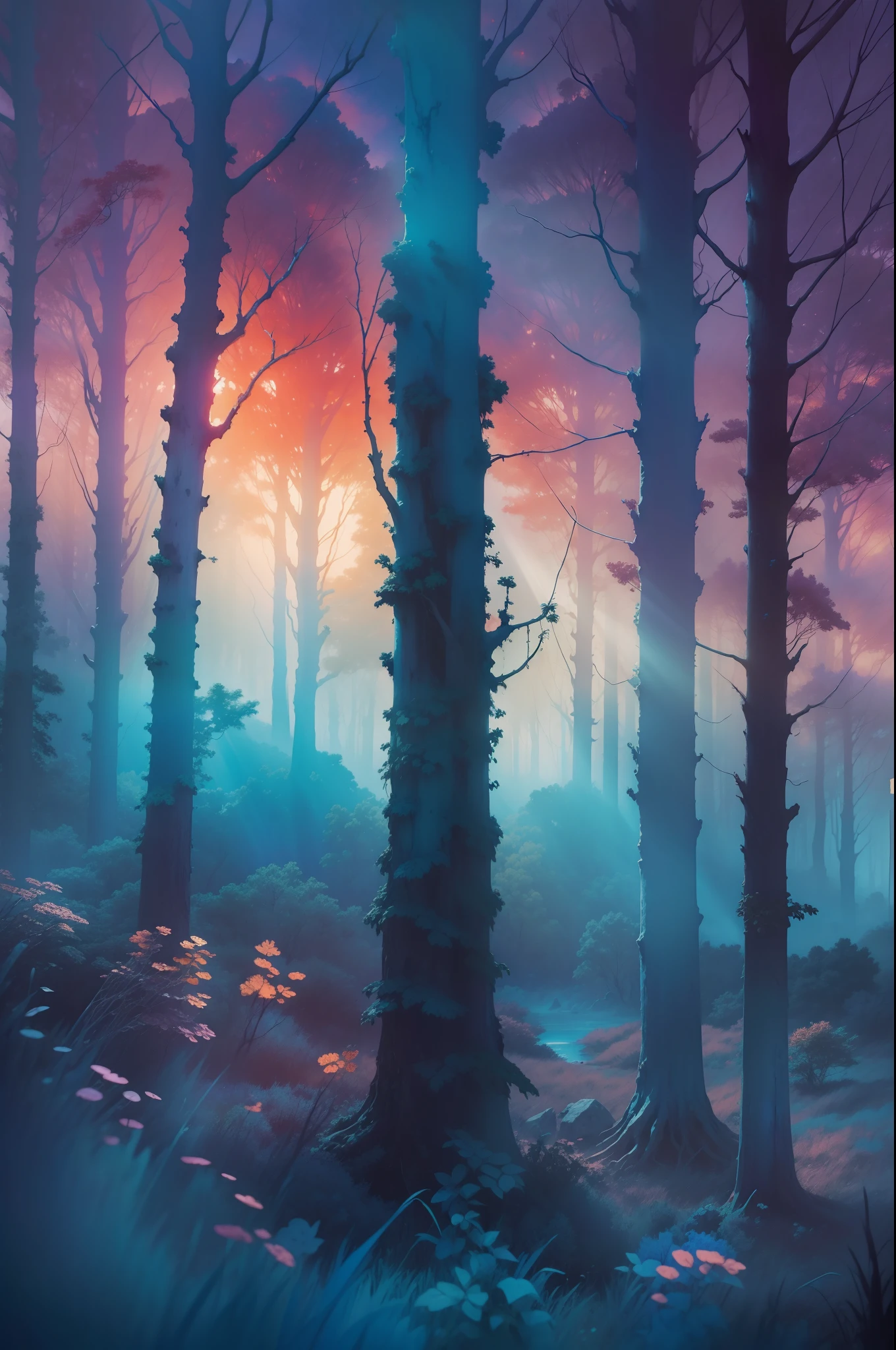 藍色夕陽, 上帝射线 ,森林,高度细致的色彩, 水彩, 贝克辛斯基的抽象绘画, 阿德里安·格尼和格哈德·里希特的一部分, 傑作,8K高解析度, 超渲染电影
