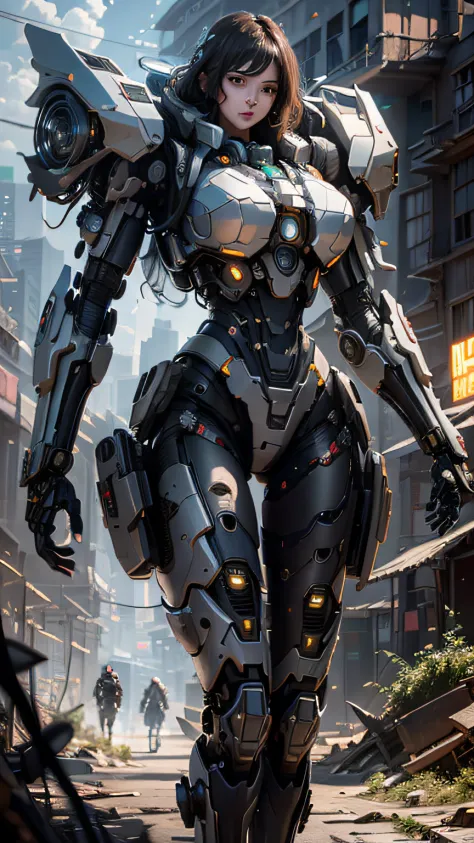 ((Best Quality)), ((Masterpiece)), (Very detailed:1.3), 3D, Shitu-mecha, Beautiful cyberpunk woman with her mech in a dilapidate...