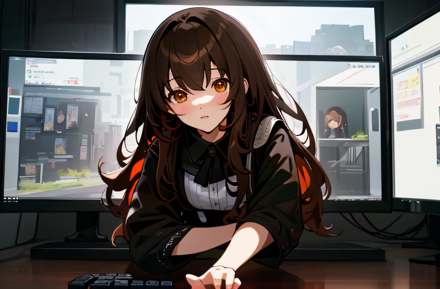 Best quality, Masterpiece, finely detailed, Beautiful eyes, high-resolution illustrations, hyper-detailing, A high resolution, Intricate details, com rosto detalhado, High quality anime, Solo, 1girll, 
Through_screen, Computer, desk, monitor, tabletop, keyboard, UMP45