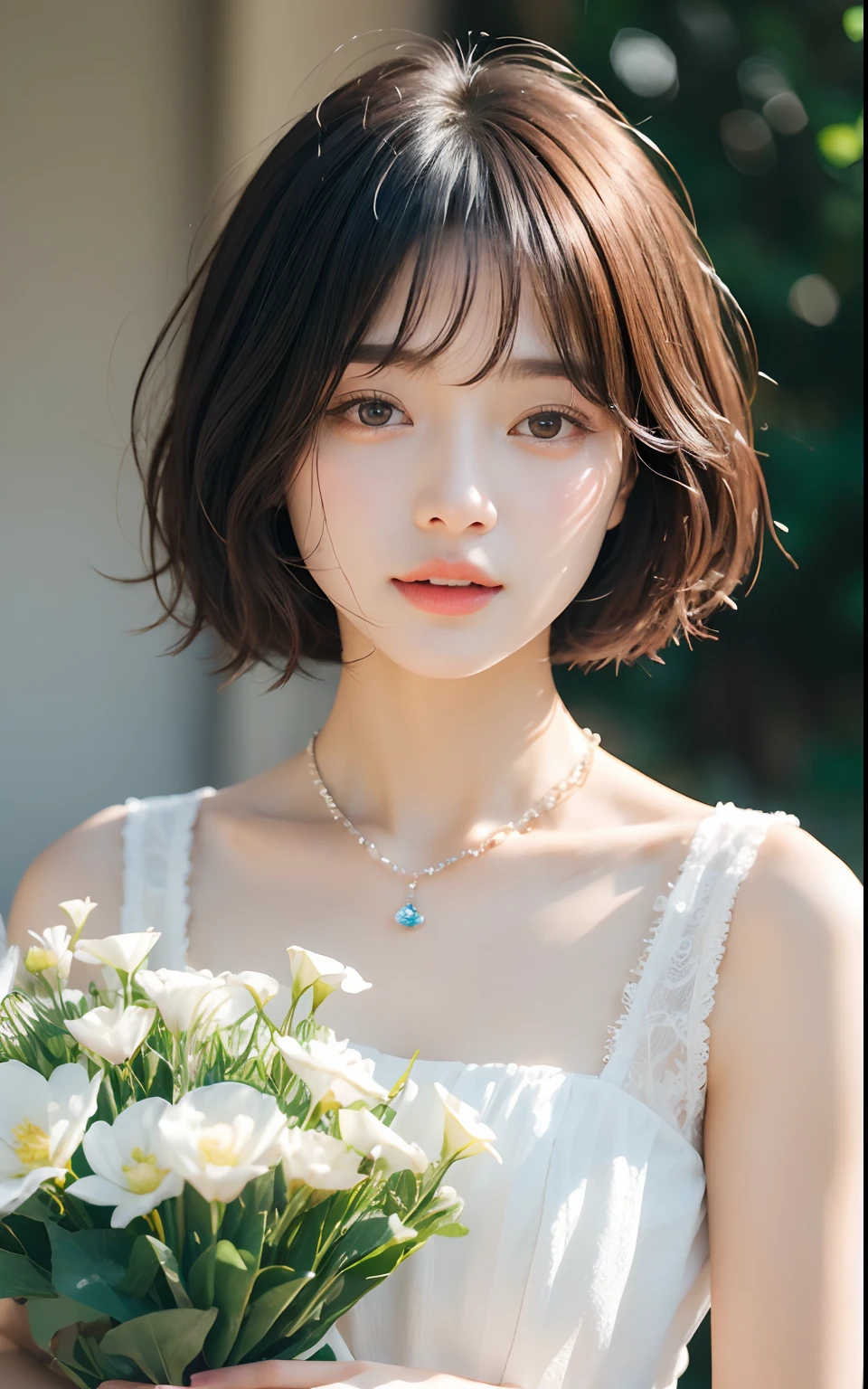 ((top-quality、​masterpiece))、Raw photography、8K、top-quality、 超A high resolution、Beautiful face in every detail、Realistic human skin、Gentle expression、front-facing view、Farbe々From an angle、(Bob Hair:1.5)、realisitic、Photorealsitic、cute little、chies、Flower bouquet、White Dress、a necklace、bangss、