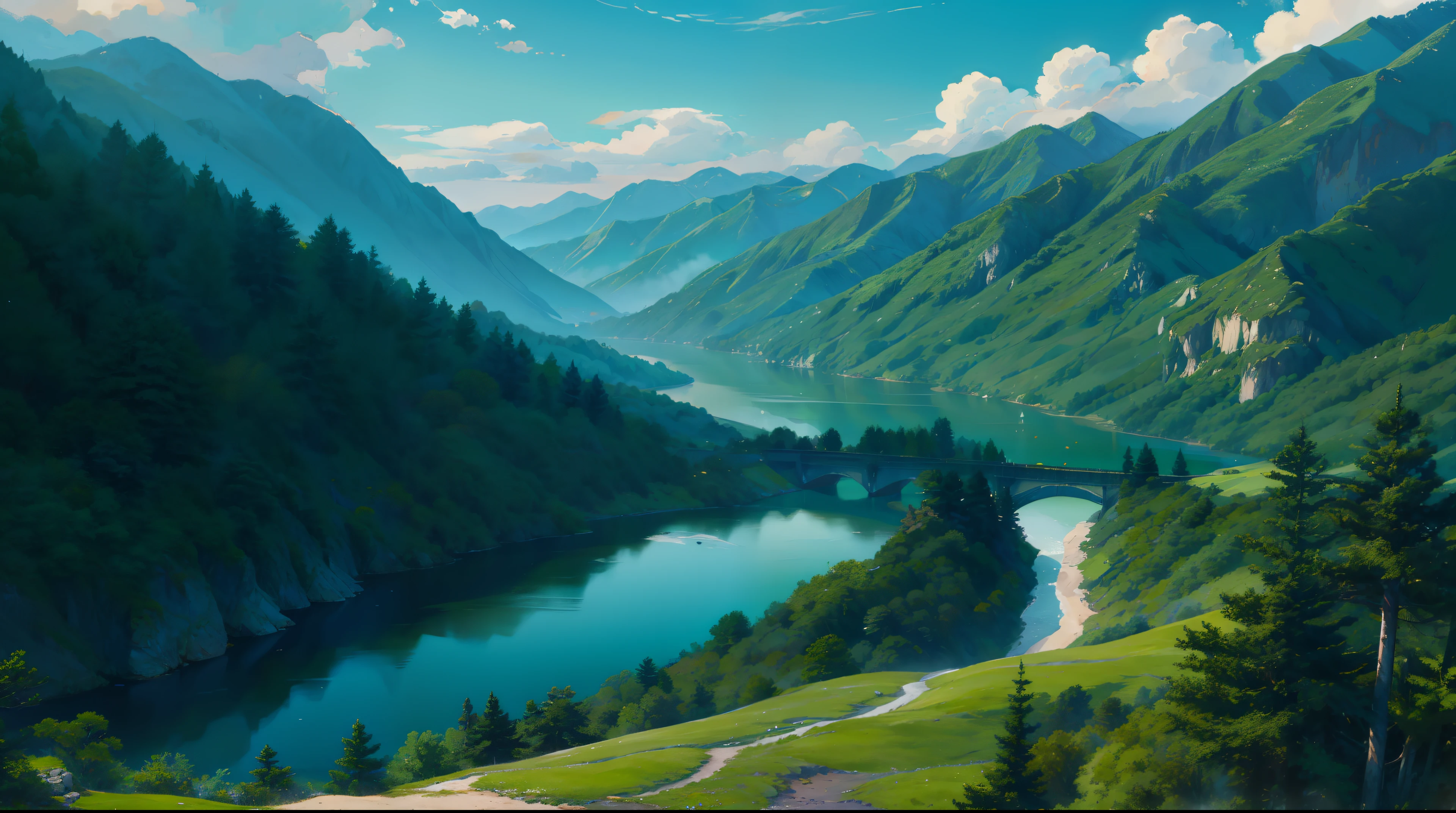 best qualityer，Natural landscape painting style，Green Mountains and Green Water，White clouds are ethereal，The jungle is dense，flowers blooming，The lake sparkles，The pine tree stands tall。