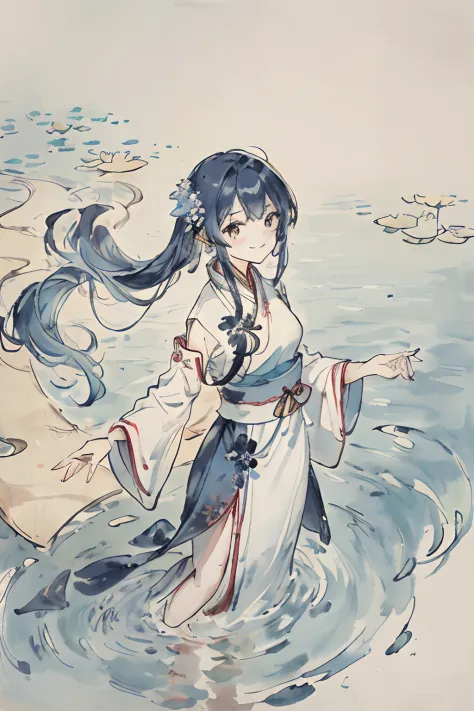 ((4k,masterpiece,best quality)), shuimobysim, traditional chinese ink painting, lotus, hanfu, maxiskit, dress conservatively 1girl, solo, long blue hair, smile, standing, feet in the water, barefoot,