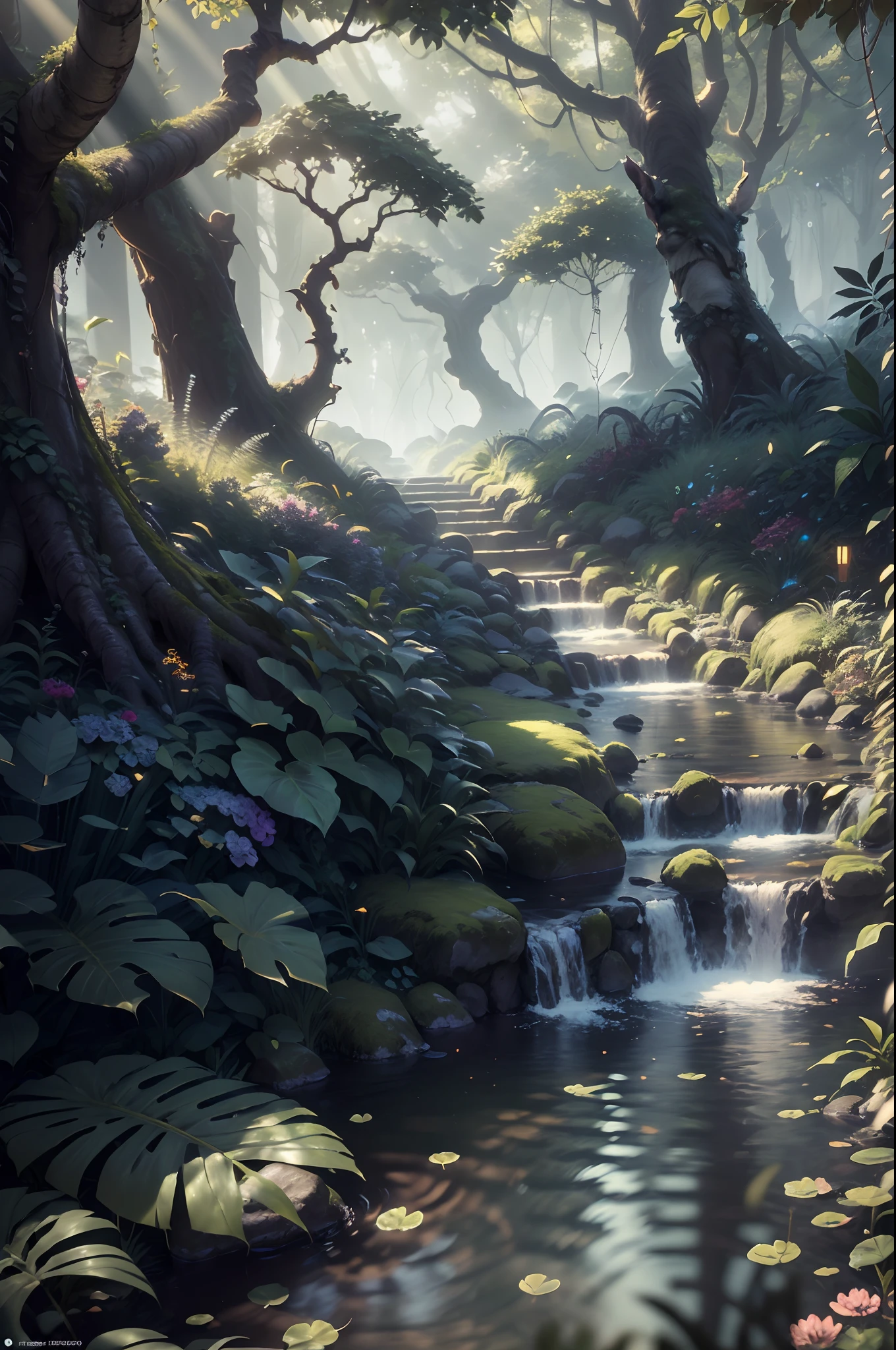 Masterpiece, best quality, (very detailed CG unified 8k wallpaper), (best quality), (best illustration), (best shadow), glowing elf with a glowing deer, drinking water in the pool, natural elements in forest theme. Mysterious forest, beautiful forest, nature, surrounded by flowers, delicate leaves and branches surrounded by fireflies (natural elements), (jungle theme), (leaves), (branches), (fireflies), (particle effects) and other 3D, Octane rendering, ray tracing, super detailed , beast --v6