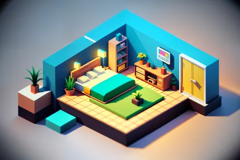 Isometric style, accurate 120 degrees, poly art, stylized 3D rendering, small room, 3D stylized scene,