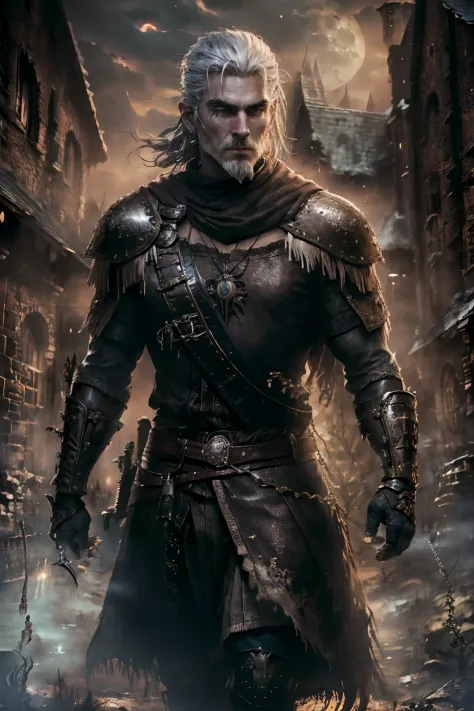 A young man with short hair，Demon Hunter，Geralt of Livia，cavalier，There is no beard on the face，metall armour，Cloak，In the middle of the waist hangs a long sword，standing on your feet，Old castle in the distance，the night，Full moon，moon full，Dead woods，Ghos...