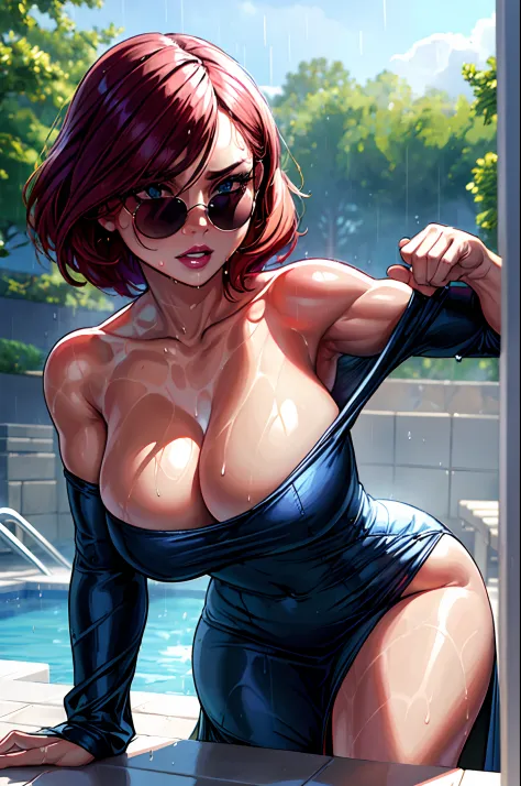 1 woman,(Best quality, 4k, Masterpiece: 1.3), beautiful Russian woman, hyper-realistic, 1girl, (sagging breasts, attractive body: 1.2), squats: 1.1, short red hair: 1.1, (wet rain, rain wet, wet body: 1.2), ultra-detailed face, detailed lips, detailed eyes...