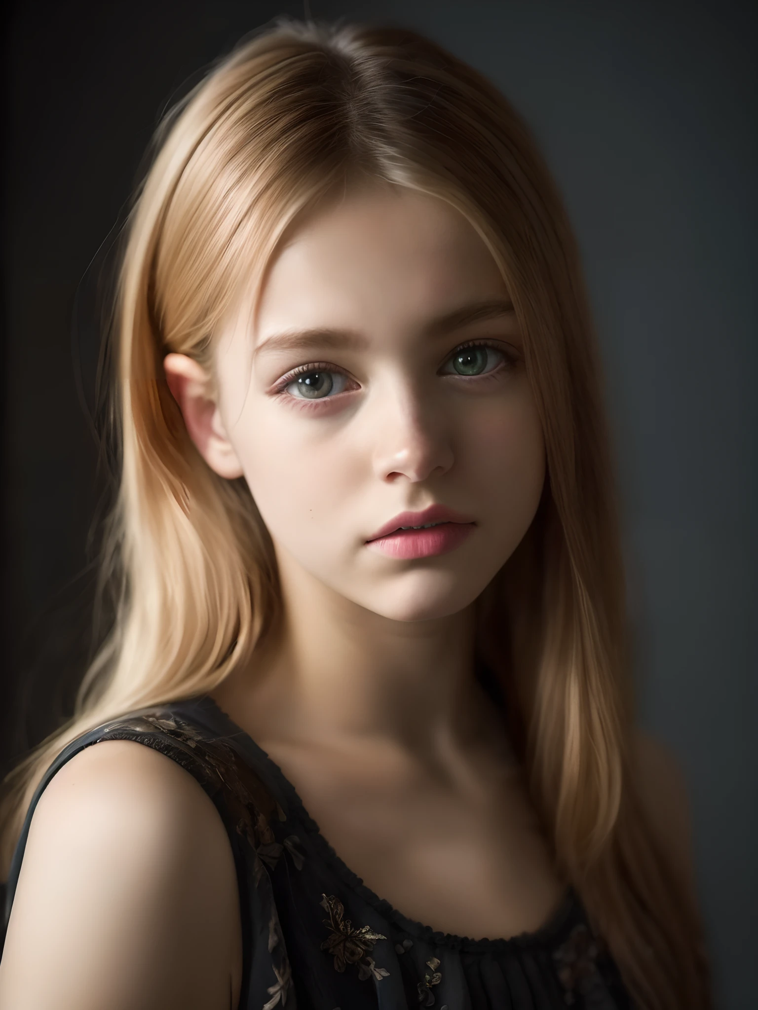 Porträt einer 18 Jahre alten süßen schönen Petite Teen mit perfektem Gesicht, Russisch, (dunkles privates Arbeitszimmer, dunkles und stimmungsvolles Licht: 1.2)