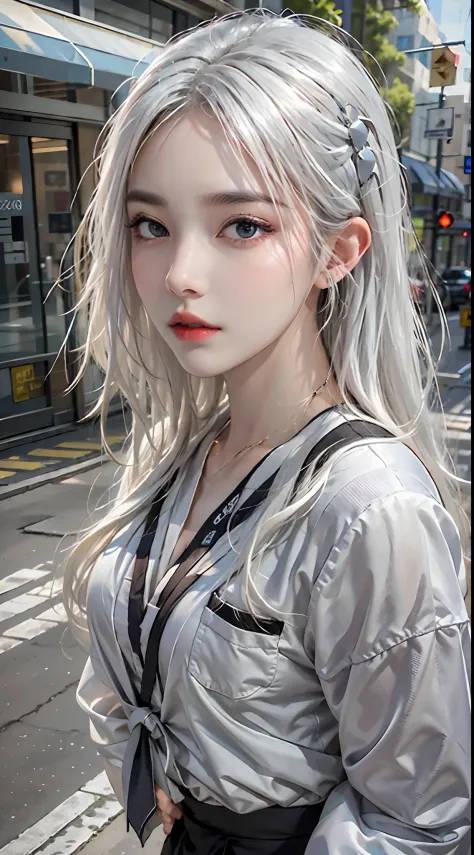 photorealistic, high resolution, 1women, solo, hips up, look at viewer, (detailed face), white hair, street wear, school uniform, jewelry