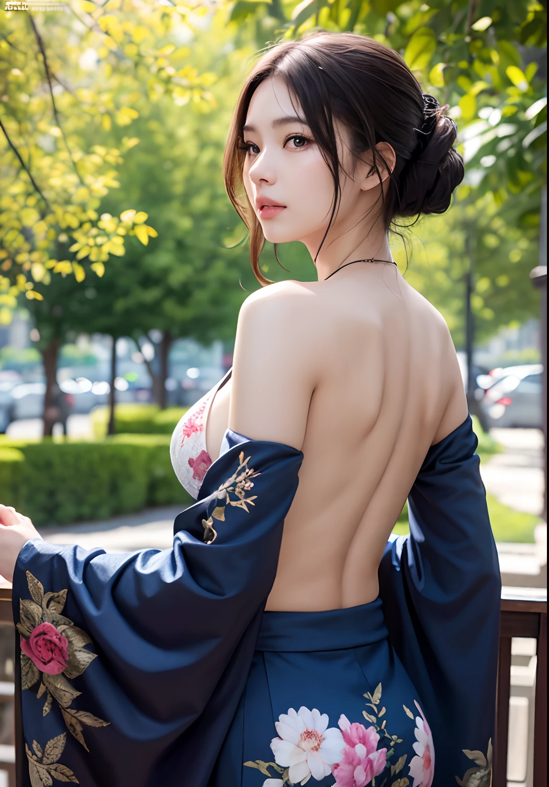 Masterpiece , best quality , thin to trasparent , busty, cleavage, perfect hands, perfect fingers, perfect fit, perfect body, perfect face, perfect image realism, detailed background, detailed outfit , lewd , hyperrealism, photorealistic, unreal engine, octane render, 8k, highest resolution, highly detailed, upper body, fair skin ,kimono dress, perfect ass, shot from behind, perfect angle perfect view
