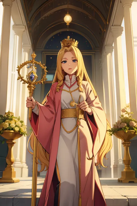 a woman, 40 years old, pretty, long blond hair, clothes of a saint, a temple, crown in her hair, holding a staff