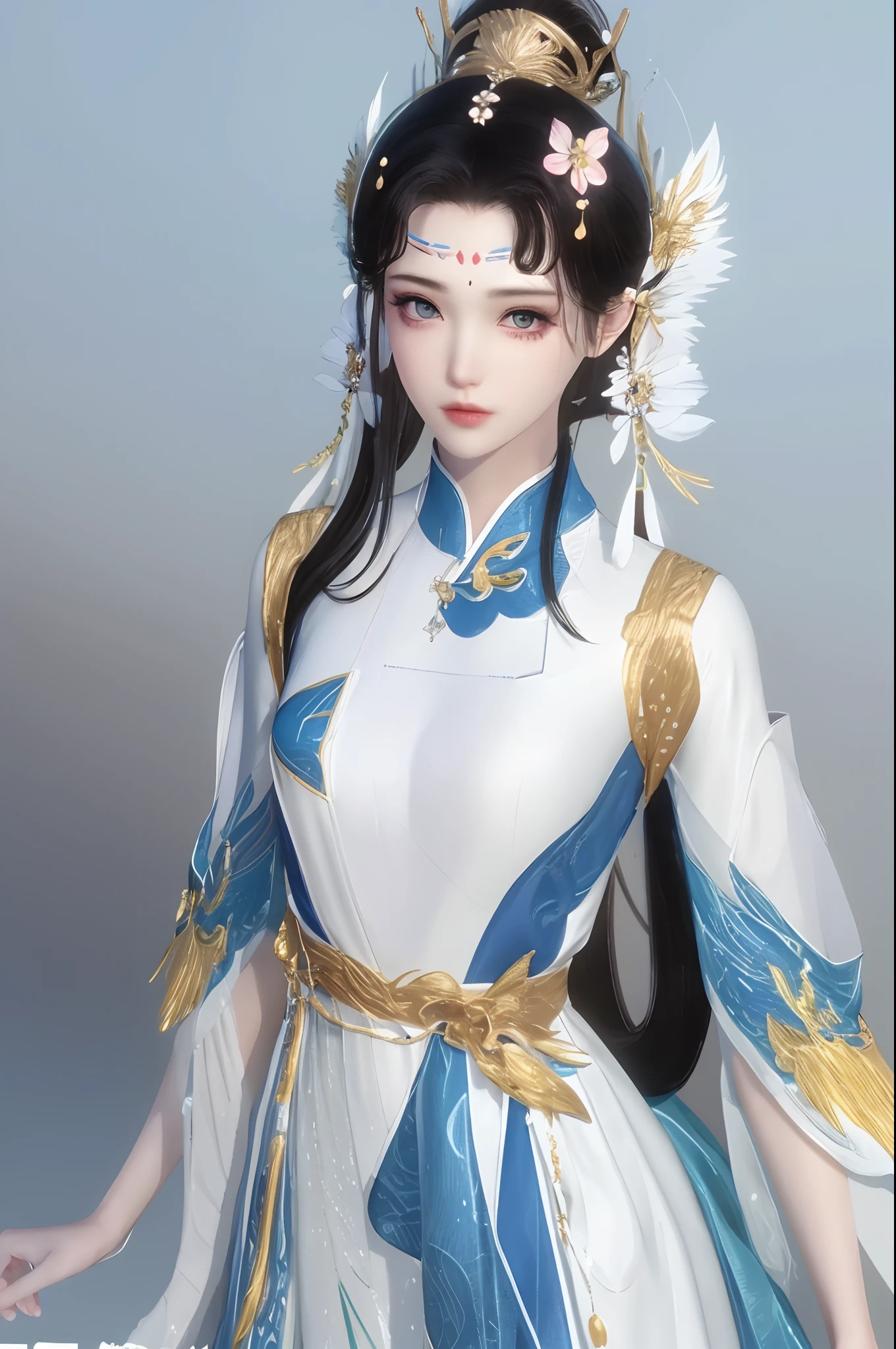 （best qualtiy，tmasterpiece：1.2），超高分辨率，realisticlying，Front lighting，Complicated details，Exquisitedetailsandtextures，（1girll），独奏，The upper part of the body，red color Hanfu，Petal pattern，Nice big eyes，Red dress，beauitful face，facing to audience，Streamers，gossamer，（年轻），Facial highlights，Detal Face，tear-mole，white skinned，Silvery hair，High ponytail，looking at viewert，largeeyes，（Openwork pattern），耳Nipple Ring，slimfigure，white backgrounid，correct hand，profesional lighting，photon maping，Radio City，physically-based renderingt