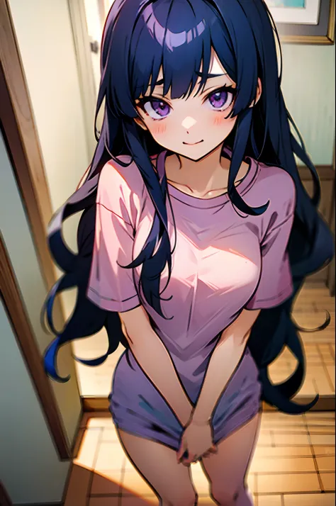 anime girl with gray long hair and purple eyes, wearing pink long tshirt, no pants, standing the hall, european house, perfect f...