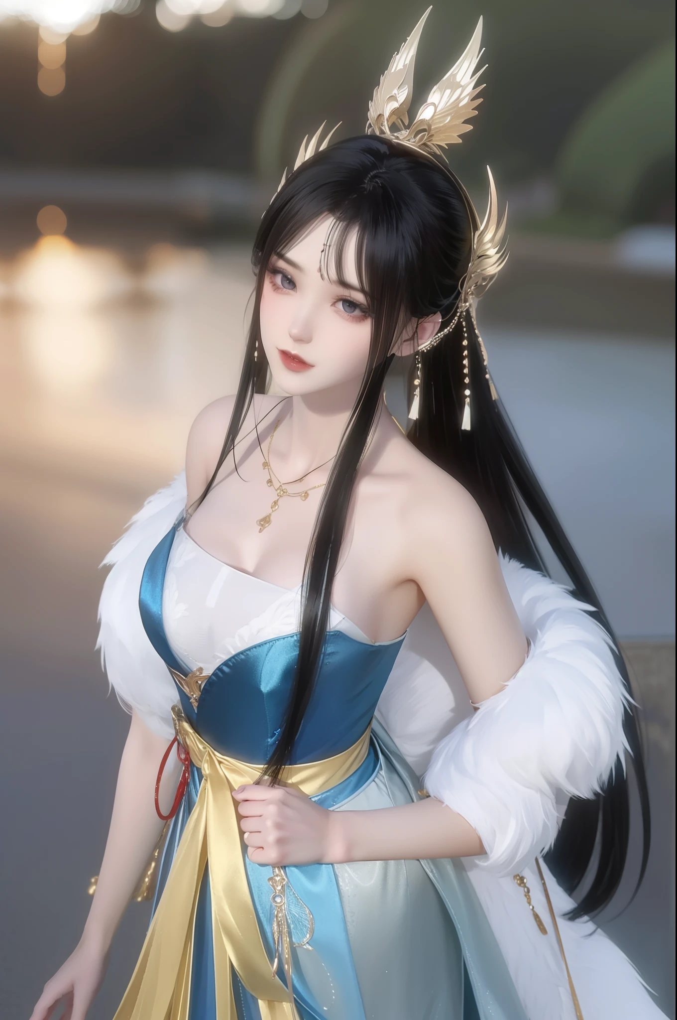 （best qualtiy，tmasterpiece：1.2），超高分辨率，realisticlying，Front lighting，Complicated details，Exquisitedetailsandtextures，（1girll），独奏，The upper part of the body，Blue Hanfu，Petal pattern，Nice big eyes，a blue dress，beauitful face，facing to audience，Streamers，gossamer，（年轻），Facial highlights，Detal Face，tear-mole，white skinned，Silvery hair，High ponytail，looking at viewert，largeeyes，（Openwork pattern），耳Nipple Ring，slimfigure，white backgrounid，correct hand，profesional lighting，photon maping，Radio City，physically-based renderingt