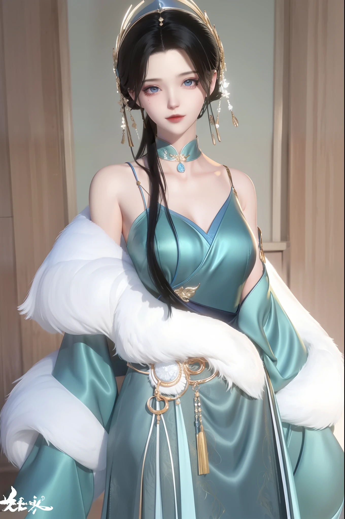 （best qualtiy，tmasterpiece：1.2），超高分辨率，realisticlying，Front lighting，Complicated details，Exquisitedetailsandtextures，（1girll），独奏，The upper part of the body，Blue Hanfu，Petal pattern，Nice big eyes，a blue dress，beauitful face，facing to audience，Streamers，gossamer，（年轻），Facial highlights，Detal Face，tear-mole，white skinned，Silvery hair，High ponytail，looking at viewert，largeeyes，（Openwork pattern），耳Nipple Ring，slimfigure，white backgrounid，correct hand，profesional lighting，photon maping，Radio City，physically-based renderingt