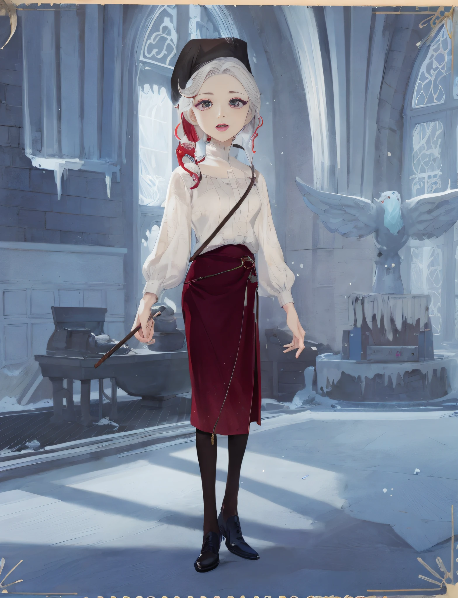 There is a cartoon drawing of a woman in a white top and a red skirt, Fantasy costumes, Hogwarts Style, It's ice-cold! 🧊, Songs inspired by Lü Ji, Inspired by Hermione Hammond, Magic School Uniform, Fantasy style clothing, dressed with long fluent clothes, Dressed like a priest, She is in the potion workshop, Inspired by Emma Ríos, High Quality, Clear eyes,