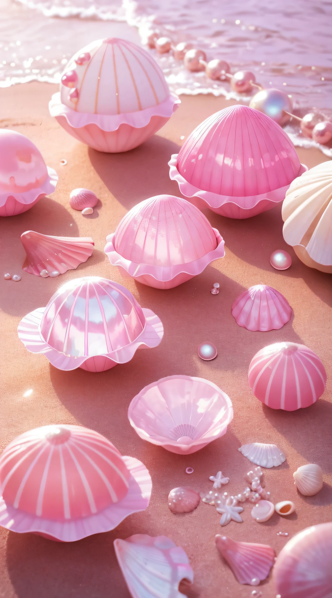 (8K, RAW photo, Best quality, masutepiece: 1.2), (Realistic, Realistic: 1.37) There are many pink shells on the beach, there are waters, Pearlescent, pearls and shells, Soft spill, pearls, Pink jellyfish are everywhere, Soft 3D rendering, Ethereal bubbles, Bubble landscape, Elay shader, pastel pink, Pink reflections, Pearl Sky, shells, Paradise pink, Pastel colors, Pink pastels,