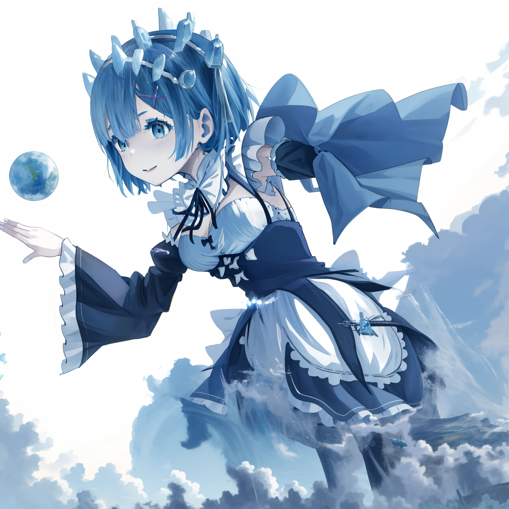 Anime girl with blue hair and black and white costume, Rem Rezero, loli in dress, small curvaceous , rimuru, Anime moe art style, [[[[grinning evily]]]], , cute anime waifu in a nice dress, tsuaii, Blue woman with long hair, rimuru tempest, ayanami, maid，eye glass