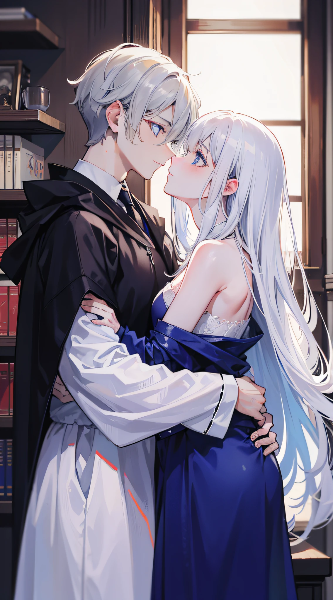 1man, sharp blue eyes with sharp pupils, white sharp hair and he was wearing black noble robes and, intimate hug and going to kiss with his lovely wife ((41 year old face))