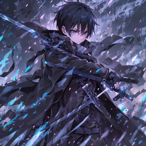 kirito,1boy,solo,holding black and blue swords,dual weilding,black trenchcoat,black short messy hair,sword art online, raining, ...