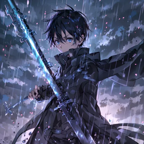 kirito,1boy,solo,holding black and blue swords,dual weilding,black trenchcoat,black short messy hair,sword art online, raining, ...