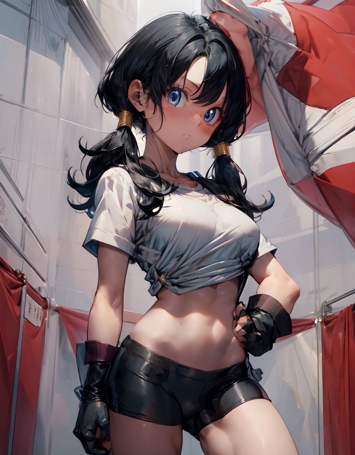 masterpiece, best quality, highres, videl2, solo, blue eyes, black hair, twintails, black gloves, bike_shorts, bangs, white shirt, badge, medium breasts, cowboy shot, hand on hip,