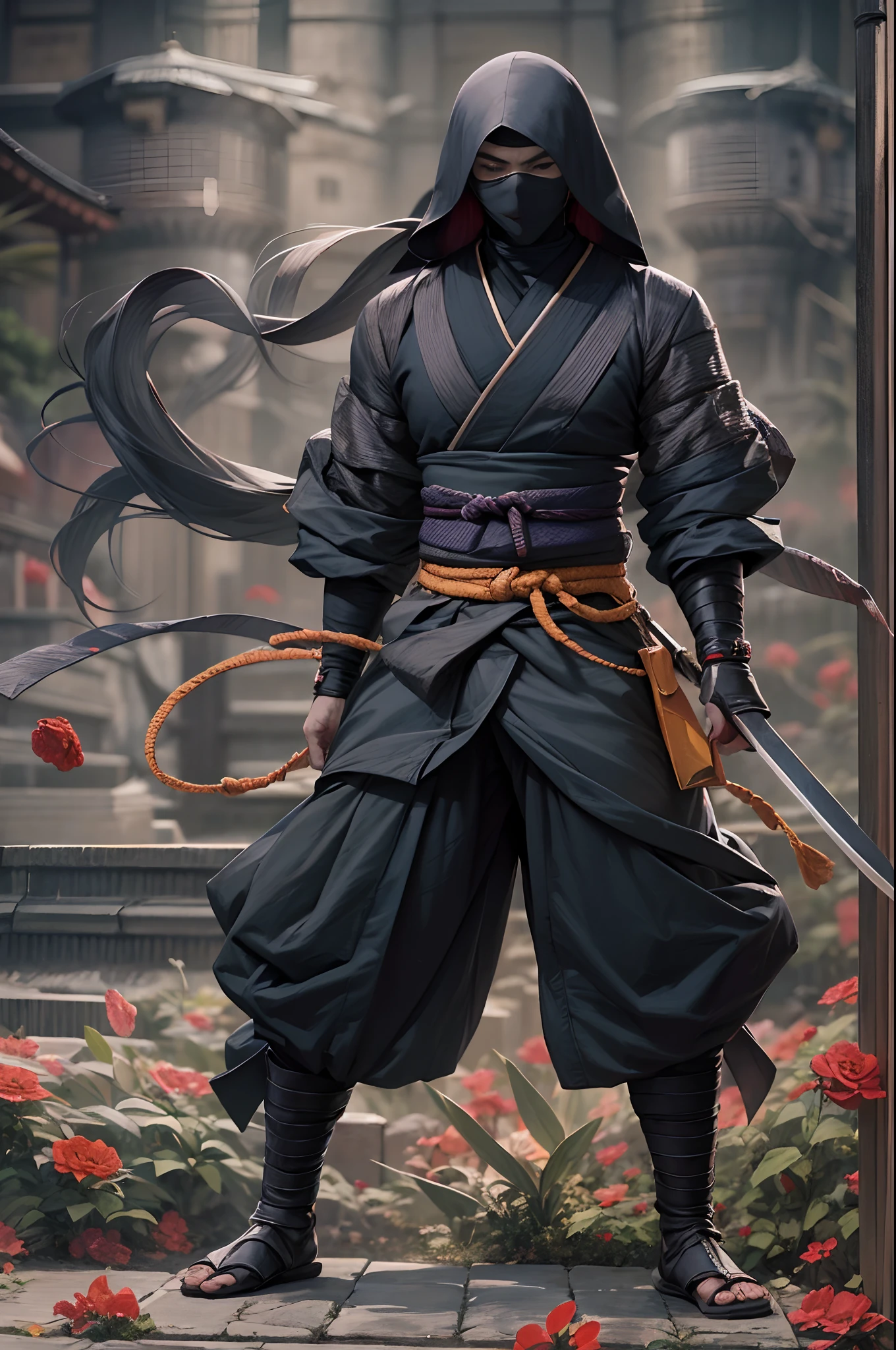 Black hair, 1 Female Assassin, black reotard, black colored leggings，Female ninja, Sexy body, Bigchest, Thin waist and thick hips, long leges, thick thight, jumpping，Eaves， Japanese-style architecture in the background, Japanese Kiya，Hair coiled, Delicate facial features, largeeyes, long eyelasher, He had multiple stab wounds on his body, Clothes are cut, Stained with blood, Fighting arts, Fighting posture, Leap action, fightingpose，ninjartist，Ninjutsu，Reference Naruto，sakura flowers falling, （Ku Wu），（Ninja sword），surrealism,  Cinematic lighting, 8K, Super detail, Textured skin, High details，Metal chains，（Detailed body movements），（Take care of all the details in detail），