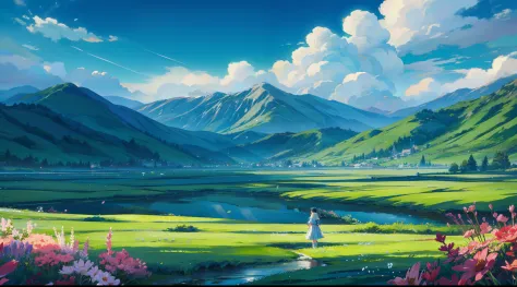 flower  sea，grass field，endless，yoyo white clouds，small stream，hyper hd，romantic fantasy，beautiful charming，amazing。