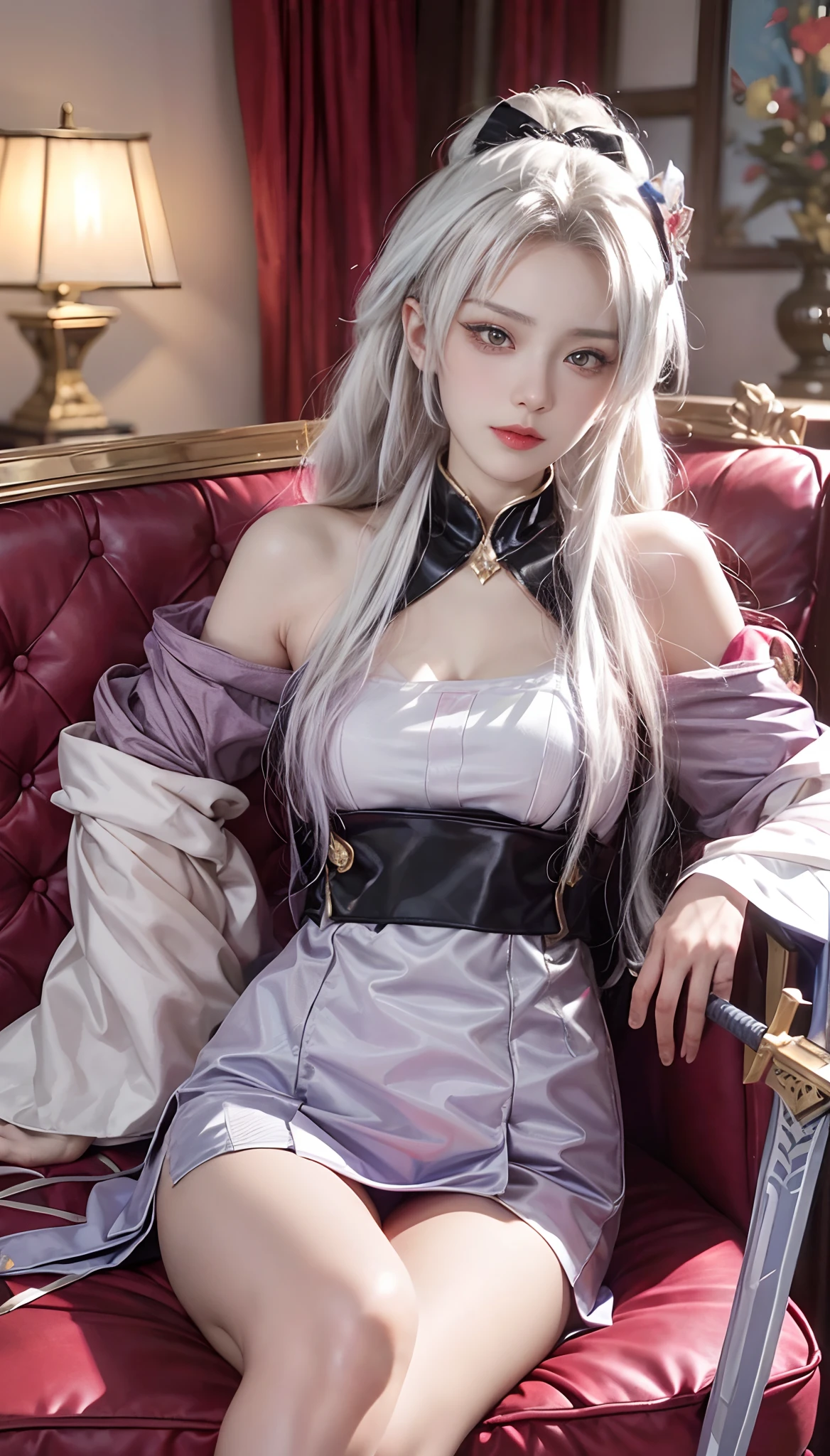 Die kostümierte Araderin sitzt mit einem Schwert auf dem Sofa, Wunderschönes Rollenspiel, 《Feuerzeichen》in Edergard, Keqing aus Genshin Impact, elegant glamourous Cosplay-Kostüm, Anime Cosplay-Kostüm, Zhongli von Genshin Impact, Anime girl Cosplay-Kostüm, Cosplay-Kostüm, glamourous Cosplay-Kostüm, Irelia aus League of Legends, Edelgard von Fire Emblem