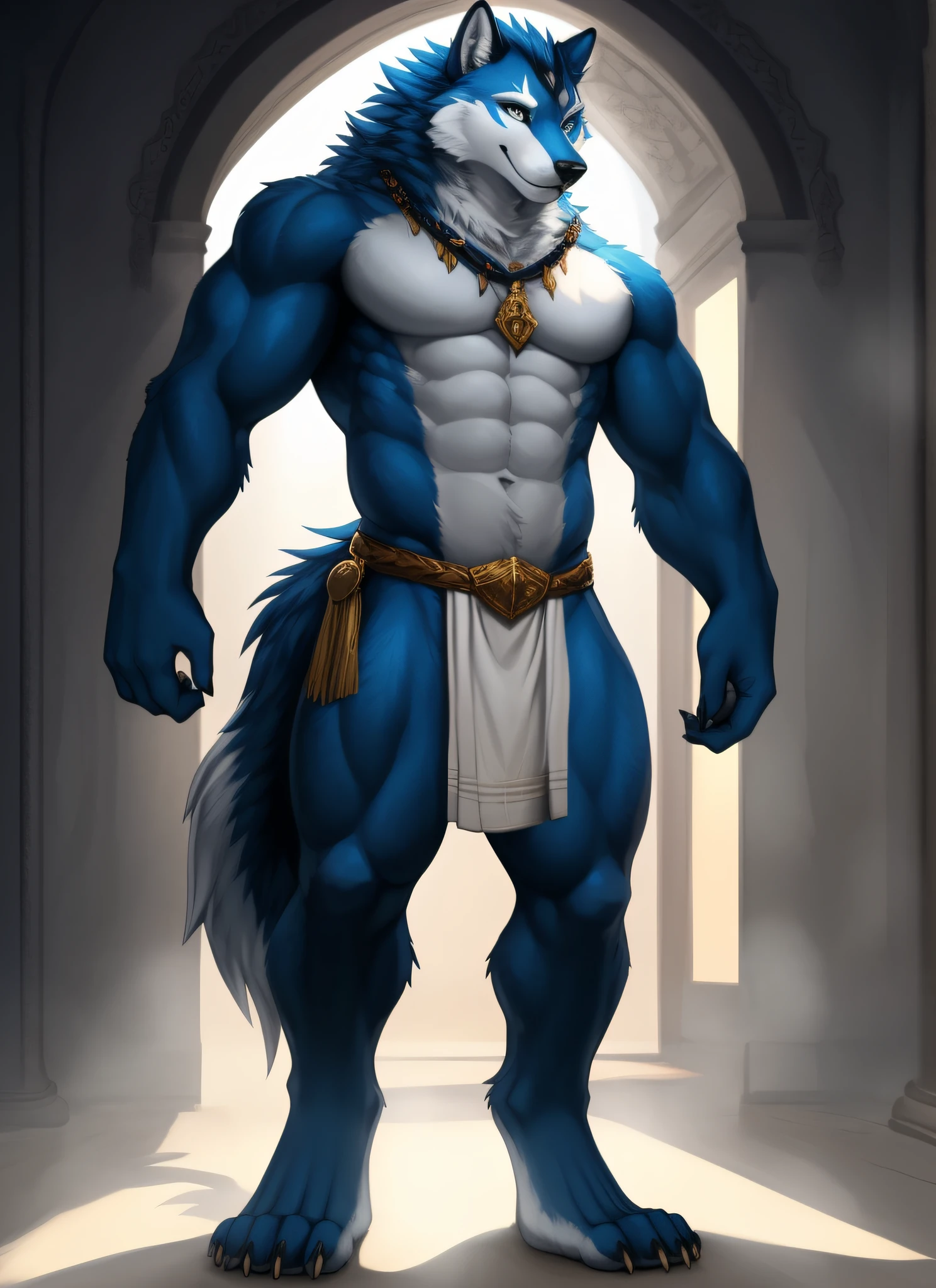 (male white wolf), standing on your feet, solo, musculature, Detailed scale texture, , (Shoulder blades, Leg nails), Blue body,White belly，zori，shadowing，Dim environment，（Chie's art，（drakgem），（（rakisha）），（kontanagamori）），（up front view），Looks pleased，[simple backgound]，Detailed students，Masterpiece artwork，Caustics, edge lit, Single light source, Sharp shadows, Single portrait,Bring bath towels