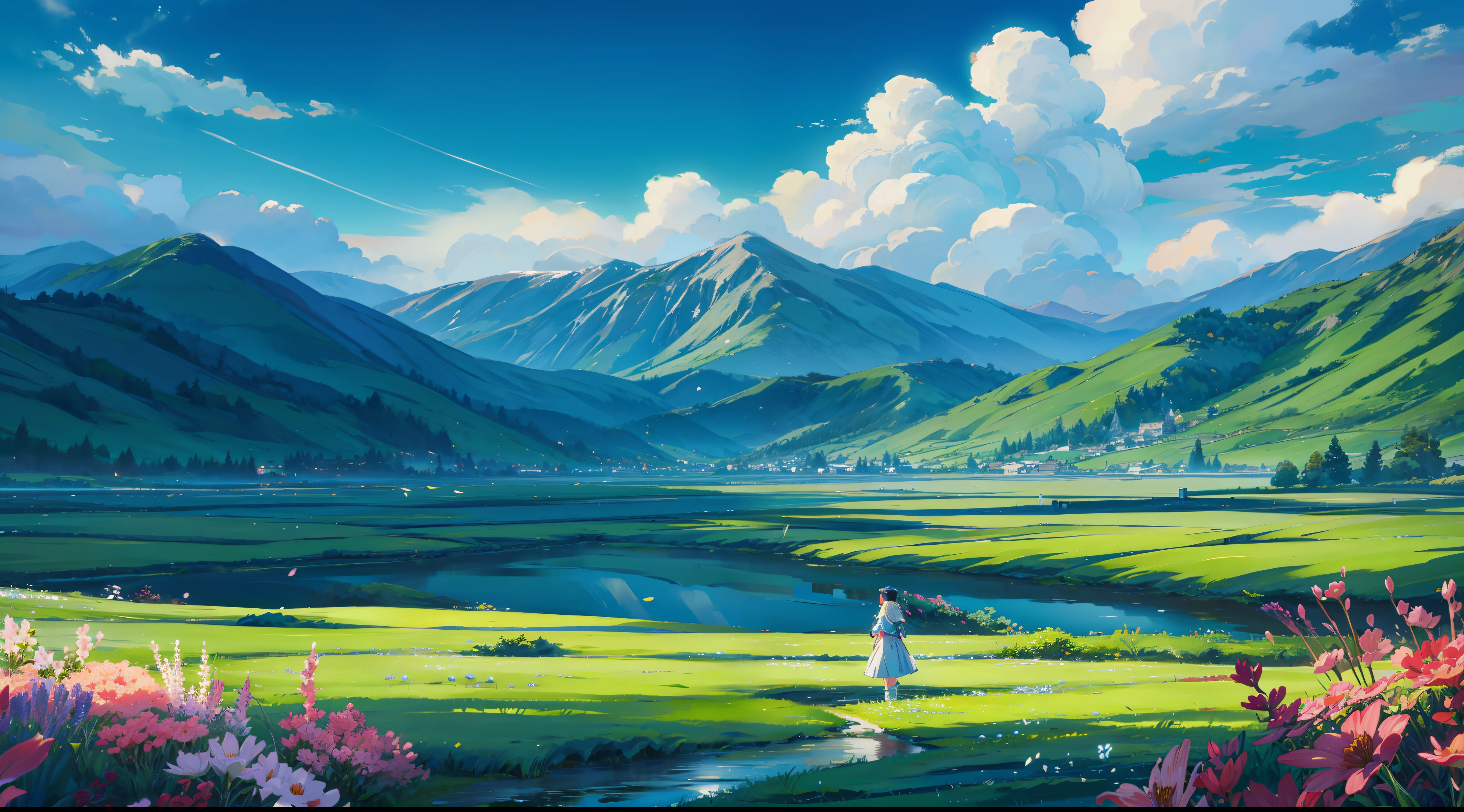 flower  sea，grass field，Endless，Yoyo white clouds，small stream，hyper HD，Romantic fantasy，beautiful charming，Amazing。