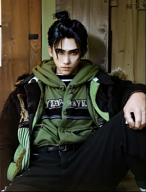 1boys, black hair, realistic, green jacket, High Detail, Hair tied up,cool boy,