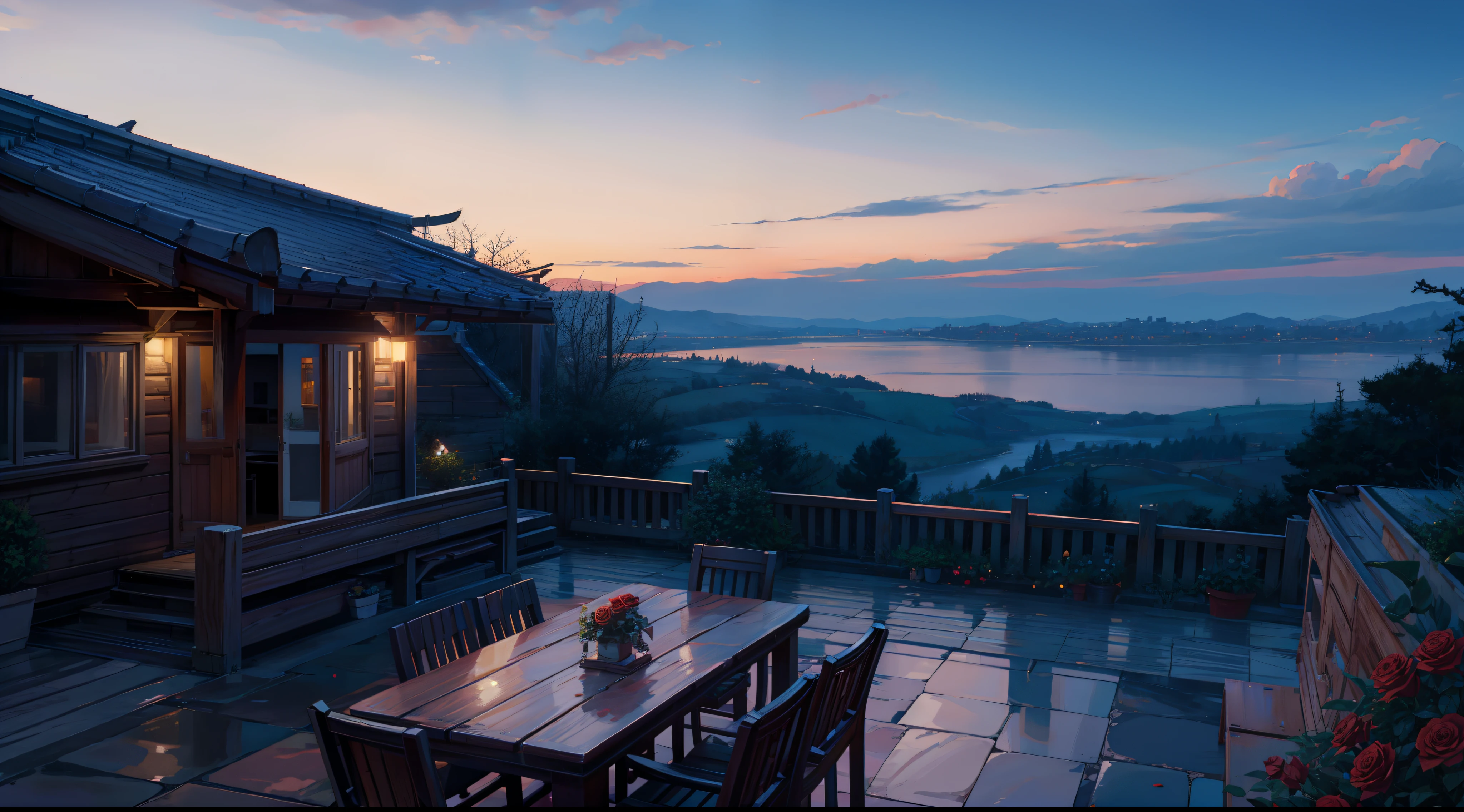 Roses blooming on the windowsill，Surrounded by a Western European-style garden，The chalet looks even more welcoming in the evening glow。Brilliant clouds adorn the sky，Create ultra-high-quality graphics