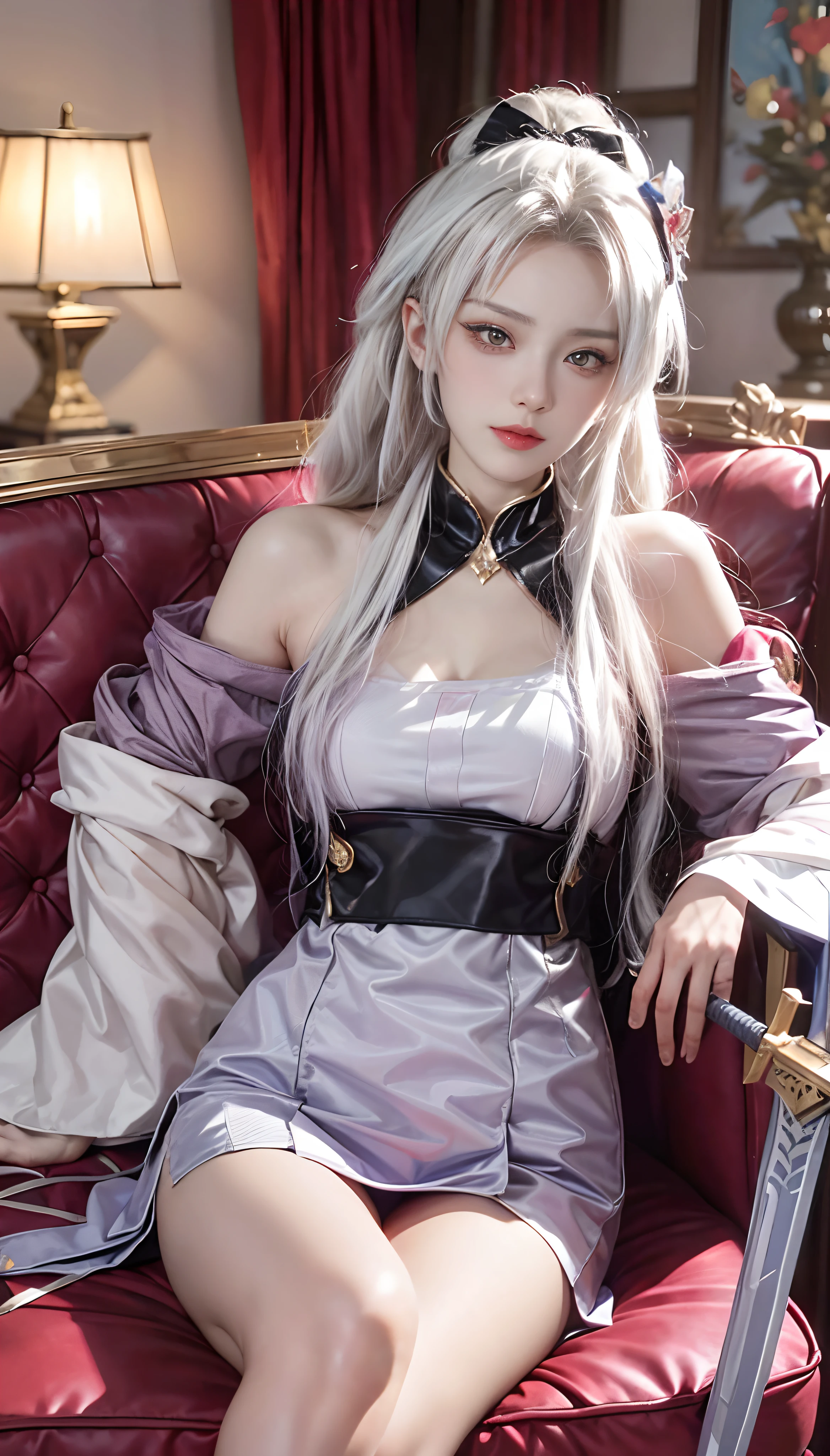 The Arad woman in costume sits on the sofa with a sword, Gorgeous Role Play, 《fireemblem》in Edergard, Keqing from Genshin Impact, elegant glamourous cosplay, Anime cosplay, zhongli from genshin impact, Anime girl cosplay, cosplay, glamourous cosplay, Irelia from League of Legends, Edelgard de Fire Emblem