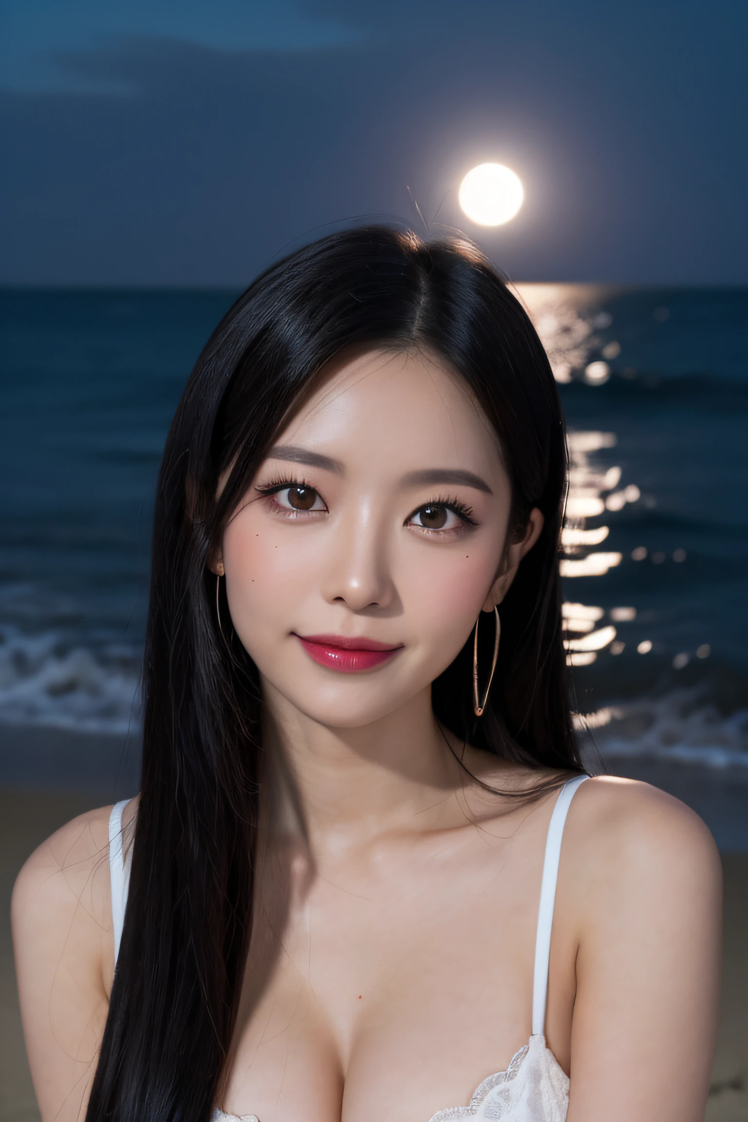 a woman,1 girl,black hair, hair bobbles, longeyelashes, solid circle eyes, light smile, mole under eye, heart earrings, light smile, shy, puckered lips, Surrealism, drop shadow, stereogram, pov, atmospheric perspective, depth of field, first-person view, f/1.8, 8k, super detail, ccurate, best quality, highres, best quality,full body,professional lighting,moonlight,evening,beach