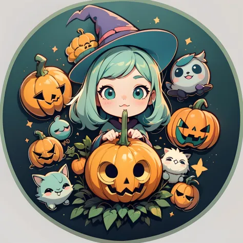 Mouth of Harbour Bay、Cute witch art logo、Pumpkin lantern、circle、(White background)、Pastel Green、Pastel Orange、gradients、Minimum and pure — all、It features a simple、ultra-detailliert、Detailed drawing、vectorized、silhuette、8K。